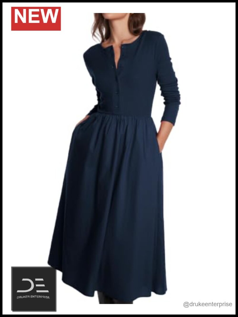 Women's Button Up Midi Dress Knit Bodice A-Line Flowy with Pockets